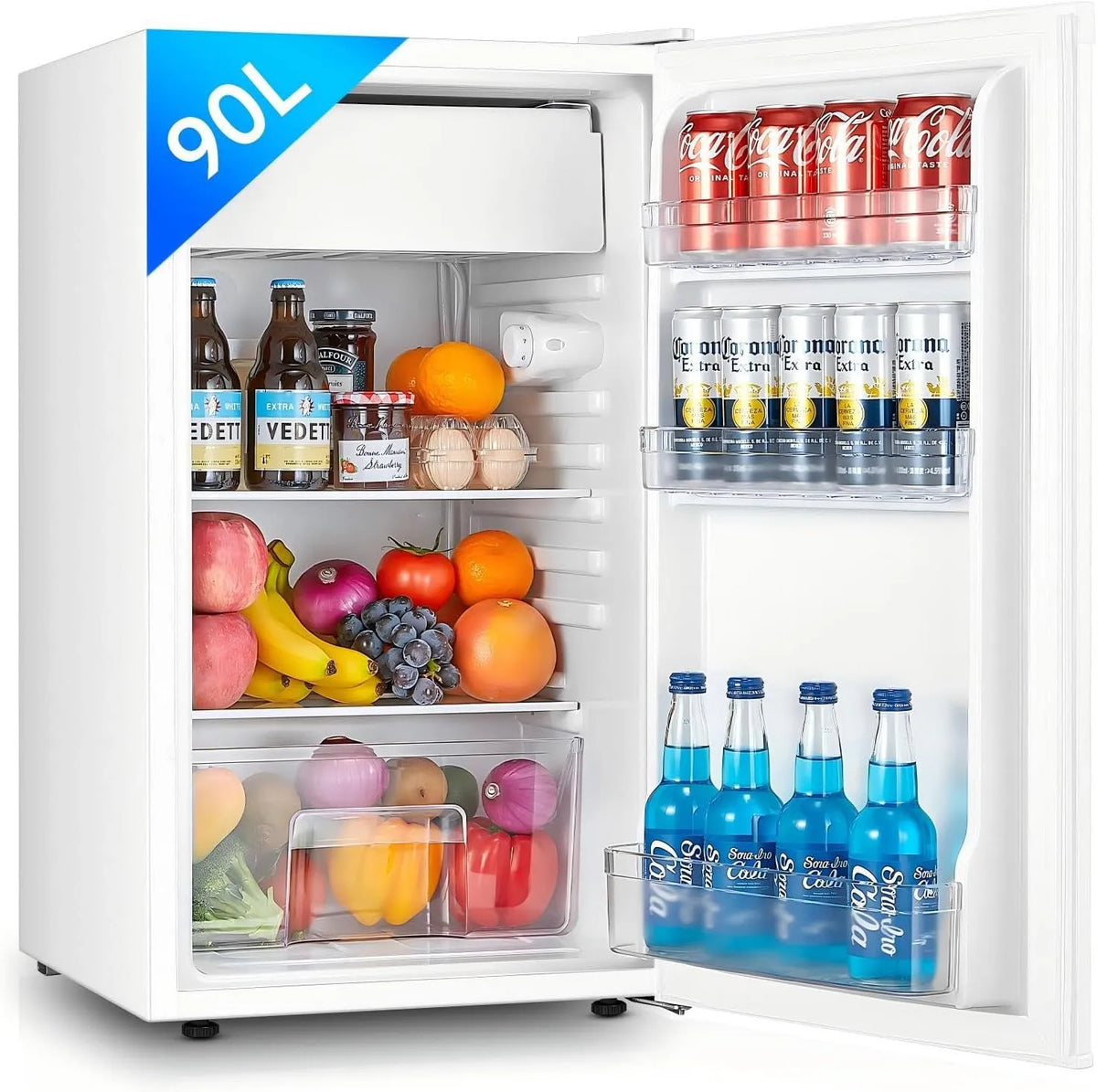 FOHERE 90L koel-vriescombinatie, omkeerbare deur, koelkast met vriesvak, Kleine koelkast met fruit- en groentevak, 7 instelbare temperatuurregelaars