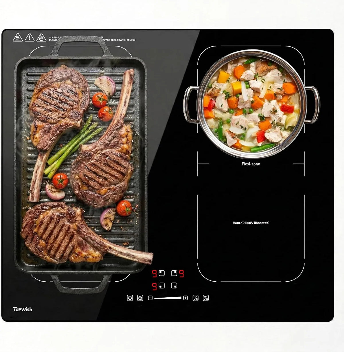 Inductiekookplaat, 60 cm, Topwish 60 cm, 4 platen met flexzones, elektronisch geregelde inductiezones