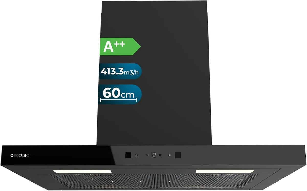 Cecotec TT 604400 afzuigkap, 413,3 m3/h, 60 cm, Bolero Flux Black A++, T-vormige, onzichtbare touch-bediening, handmovement control, wasbaar filter
