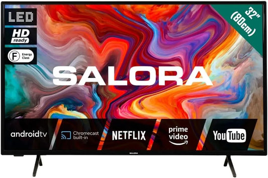 SMART32TV TV 2025 Smart TV, 32 Inch, 17,6 cm, 73,2 x 48,1 x 17,6 cm, wifi-bediening, Bluetooth-connectiviteit, Salora 32 Inch HD Ready Android Smart